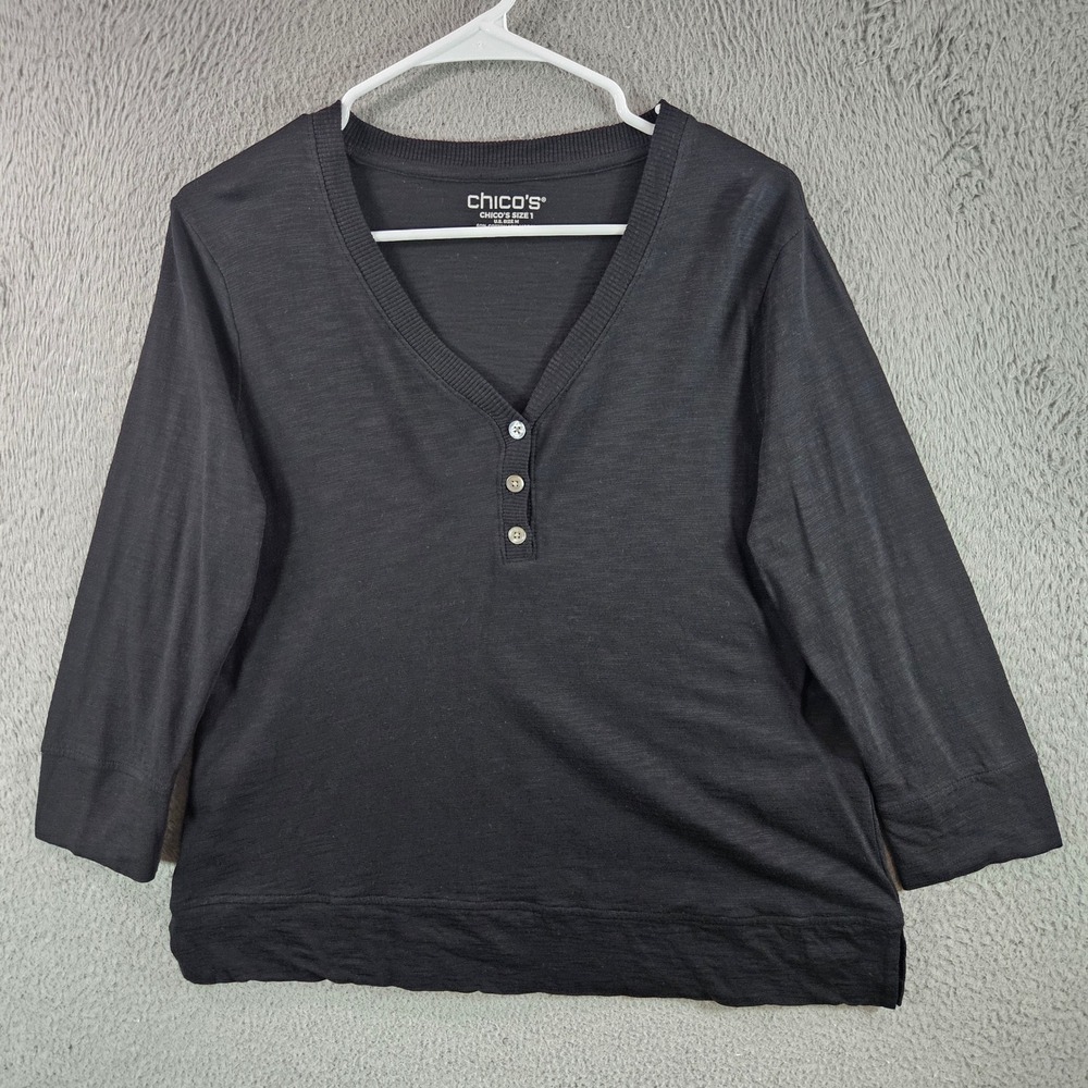 Chico's Black V Neck 3/4 Sleeve Button Henley Top Women's Size 1